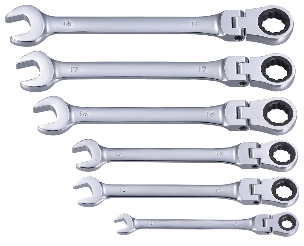 6PC OPEN-END AND FLEXIBLE 12PT RATCHET-BOX-END CHROMED WRENCH SET – METRIC